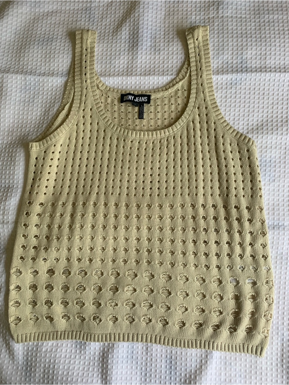 DKNY Cream Cotton Open knit eyelet lightweight coastal Festival Sweater Tank L - Picture 3 of 9